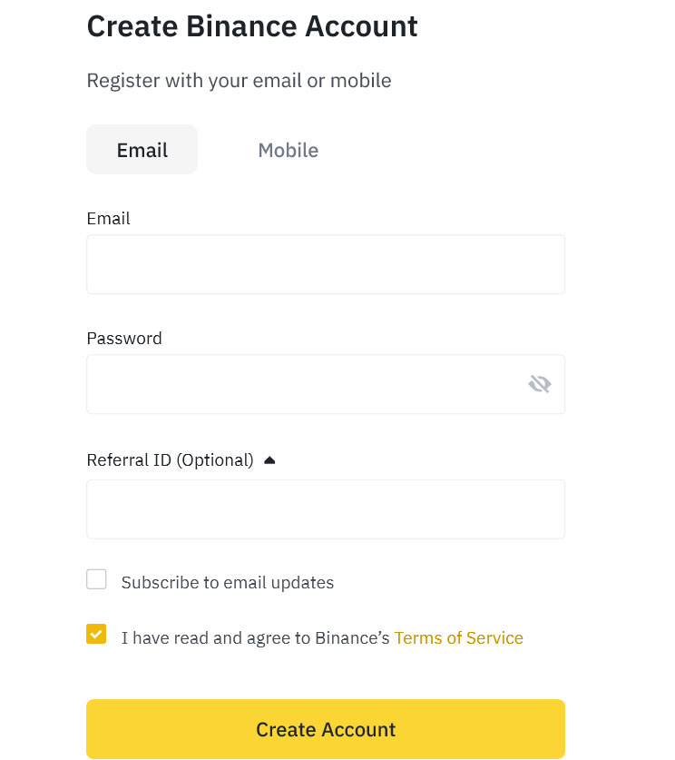 binance sign up form