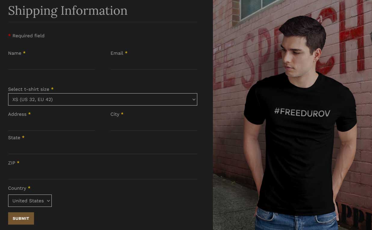 freedurov t-shirt shipping details